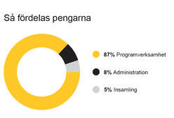 Diagram förklarar hur vi fördelar pengarna. 87 % programverksamhet, 8% administration, 5% insamling.