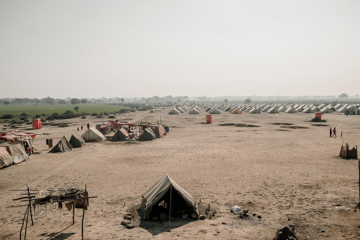 RESCUE:s tältläger (till höger) utanför Dadu. I november bodde omkring 6 miljoner människor i tält efter att ha tvingats på flykt av översvämningarna. 