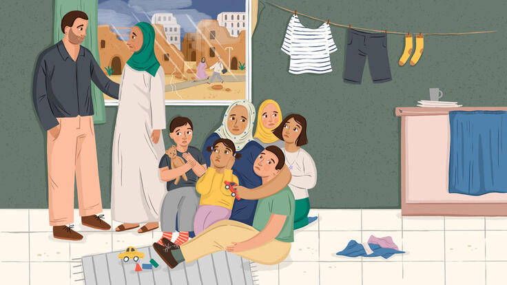 Eine Illustration von einer geflüchteten Familie inihrem Haus